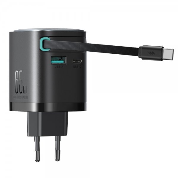 65 W:n seinälaturi sisäänrakennetulla USB-kaapelilla ja USB-A/USB-C-porteilla musta