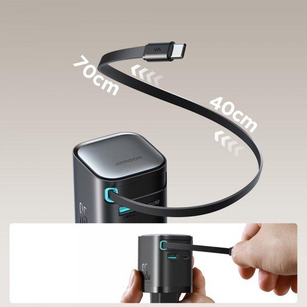 65 W:n seinälaturi sisäänrakennetulla USB-kaapelilla ja USB-A/USB-C-porteilla musta