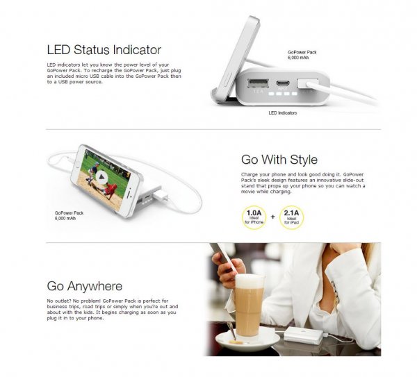 GoPower Pack - 6000 mAh kanssa sisäänrakennettu jalusta!