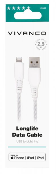 Kaapeli Longlife Braided USB-A/Lightning 2.5m Valkoinen