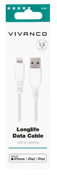 Kaapeli Longlife Braided USB-A/Lightning 1.5m Valkoinen