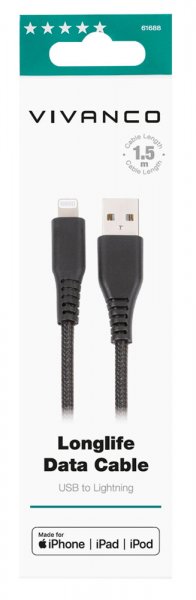 Kaapeli Longlife Braided USB-A/Lightning 1.5m Musta
