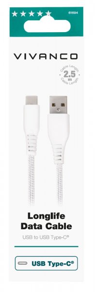 Kaapeli Longlife Braided USB-A/USB-C 2.5m Valkoinen