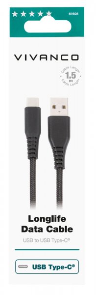 Kaapeli Longlife Braided USB-A/USB-C 1.5m Musta