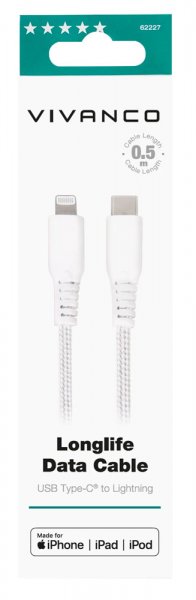 Kaapeli Longlife Braided USB-C/Lightning 0.5m Valkoinen