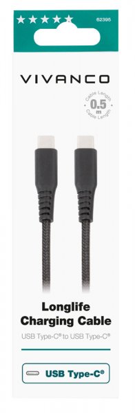 Kaapeli Longlife Braided USB-C/USB-C 0.5m Musta