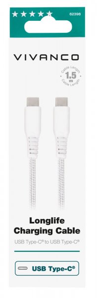 Kaapeli Longlife Braided USB-C/USB-C 1.5m Valkoinen