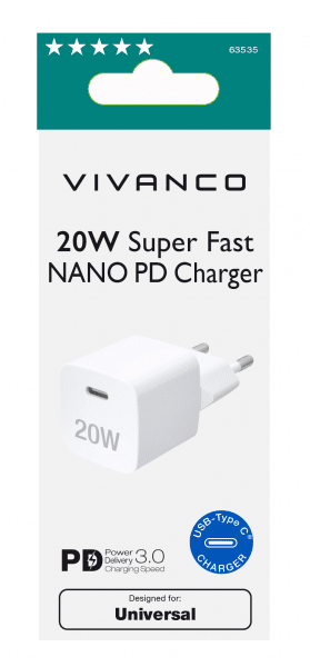 Laturi 20W Super Fast NANO PD Charger Valkoinen