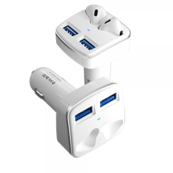 Autolaturi 2-i-1 Kaksinkertaisella USB-pistorasiaan AirPods-laturi Valkoinen