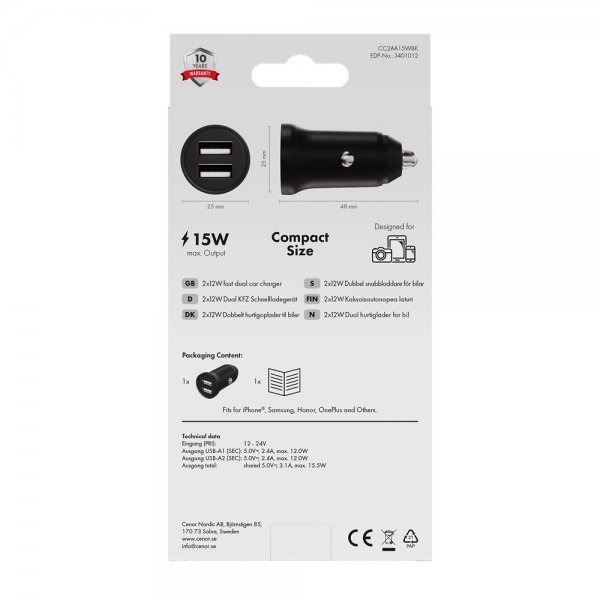 Autolaturi 2x12W USB-A Musta