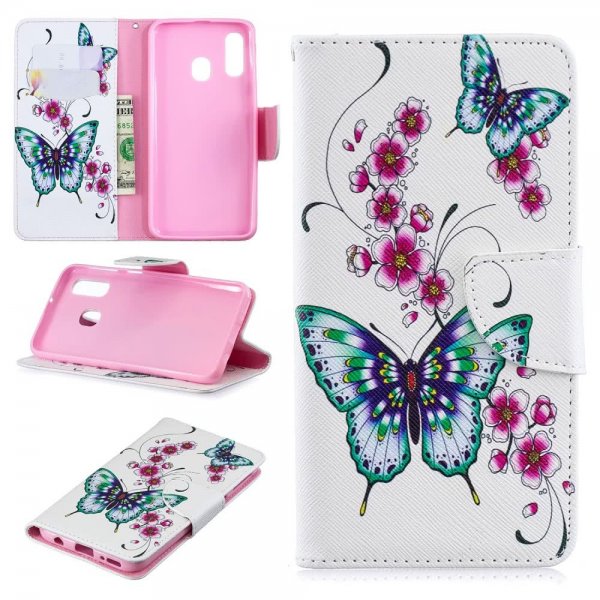 Samsung Galaxy A40 Suojakotelo PU-nahka Motiv Fjärilar och Blommor