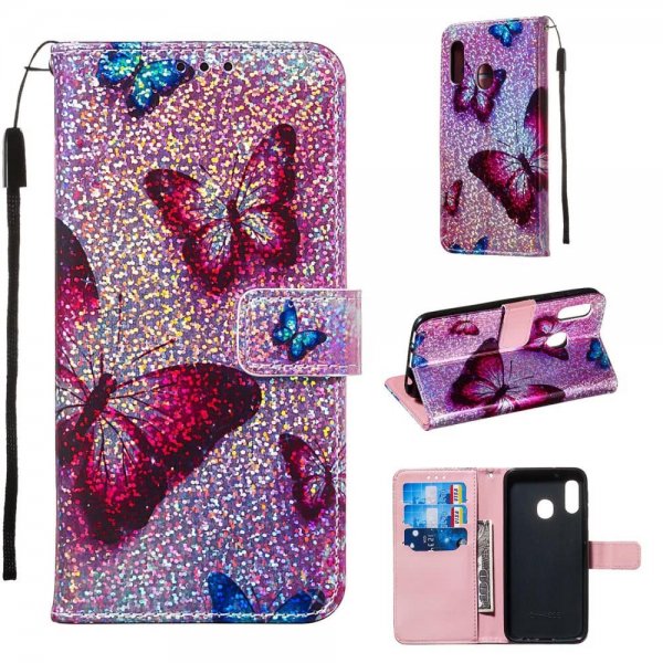 Samsung Galaxy A20E Suojakotelo Korttitasku Glitter Aihe Fjärilar