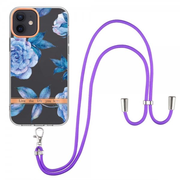 iPhone 12/iPhone 12 Pro Kuori Kukkakuvio Hihnalla Sininen Pionja