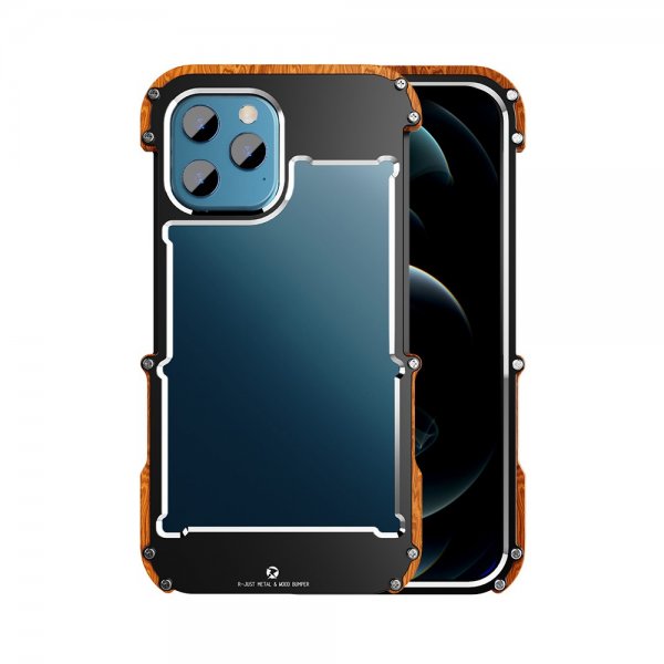 iPhone 12/iPhone 12 Pro Kuori Wood & Metal Bumper Musta Ruskea