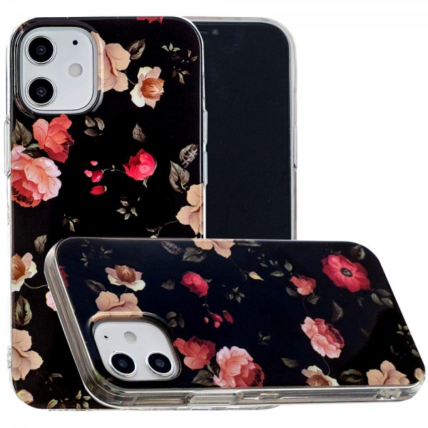 iPhone 12 Mini Suojakuori ItseValaataiseva Aihe Kukat päällä Musta