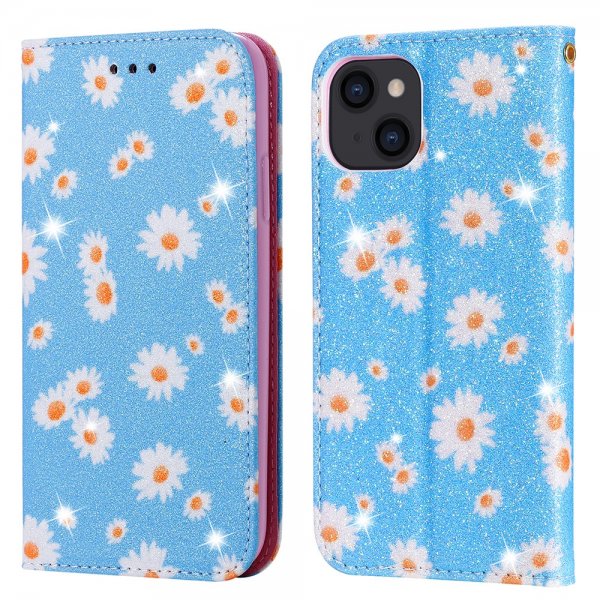 iPhone 13 Kotelo Kimalle kukkakuvio Sininen