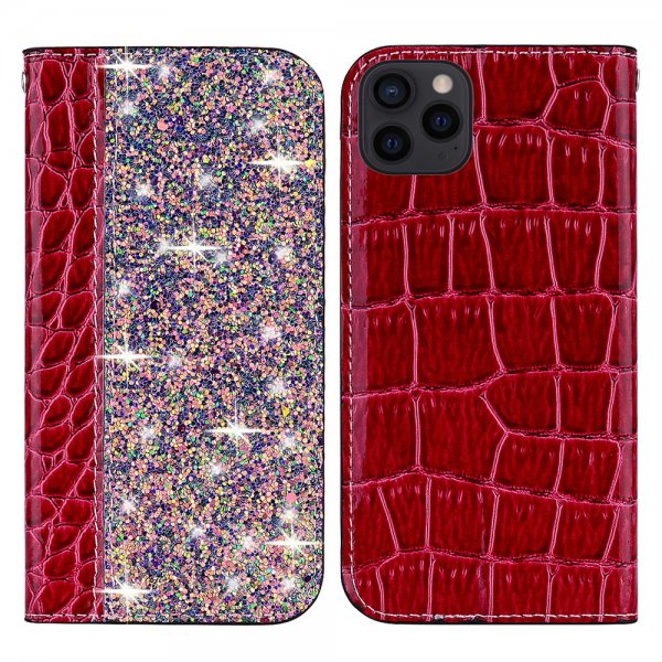 iPhone 13 Pro Fodral Krokodilmönster Glitter Flip Röd