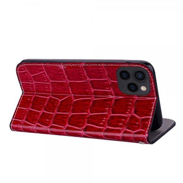 iPhone 13 Pro Kotelo Krokotiilikuvio Glitter Flip Punainen