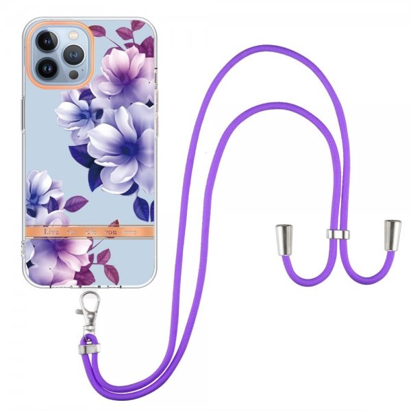 iPhone 13 Pro Kuori Kukkakuvio Hihnalla Violetti Begonia