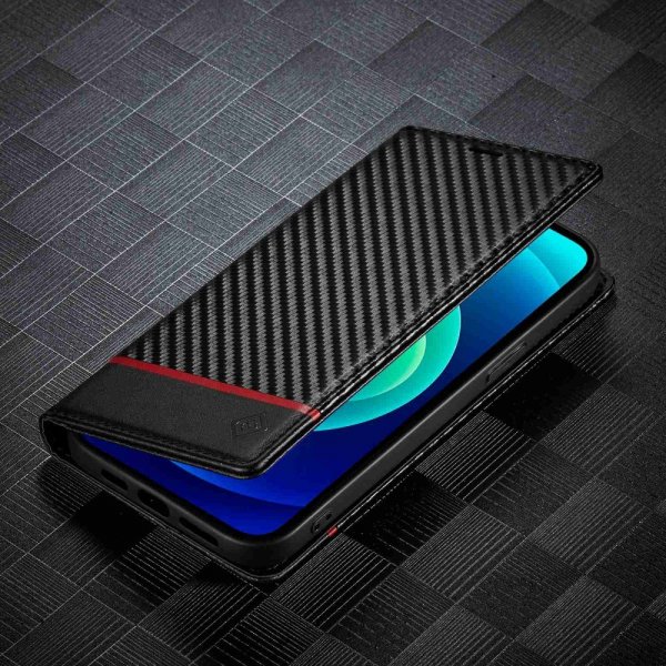 iPhone 14 Plus Kotelo Hiilikuiturakenne Punainen raita Horizontal