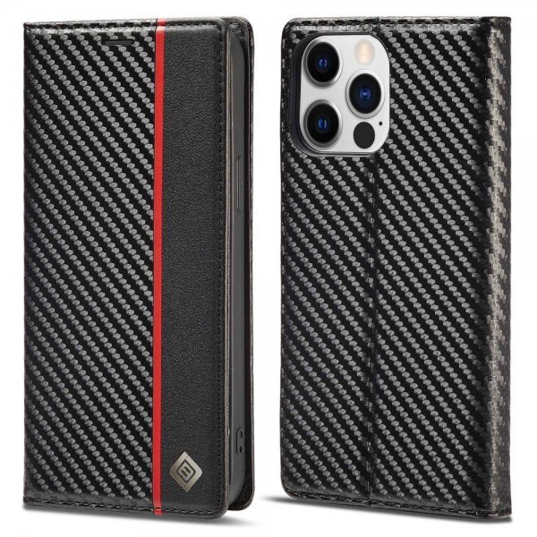iPhone 14 Pro Max Kotelo Hiilikuiturakenne Punainen raita Vertical