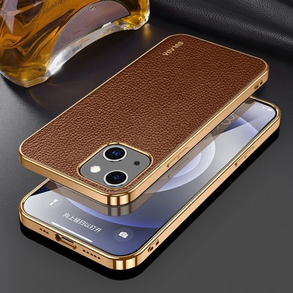 iPhone 14 Kuori Litchikuvio Pinnoitettu reuna Ruskea