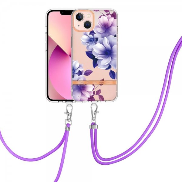 iPhone 15 Kuori Kukkakuvio Hihnalla Violetti Begonia