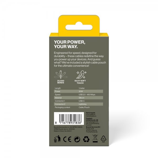 Kaapeli Cablebird CS21 USB-C/Lightning 60W 1m Valkoinen