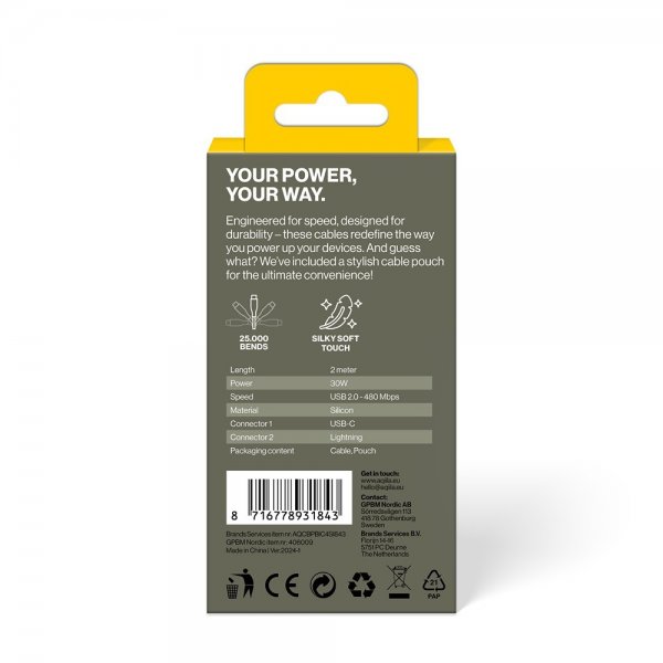 Kaapeli Cablebird CS22 USB-C/Lightning 60W 2m Valkoinen