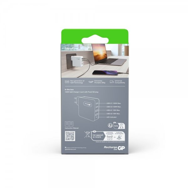 Laturi 100W GaN 2xUSB-C + 2xUSB-A