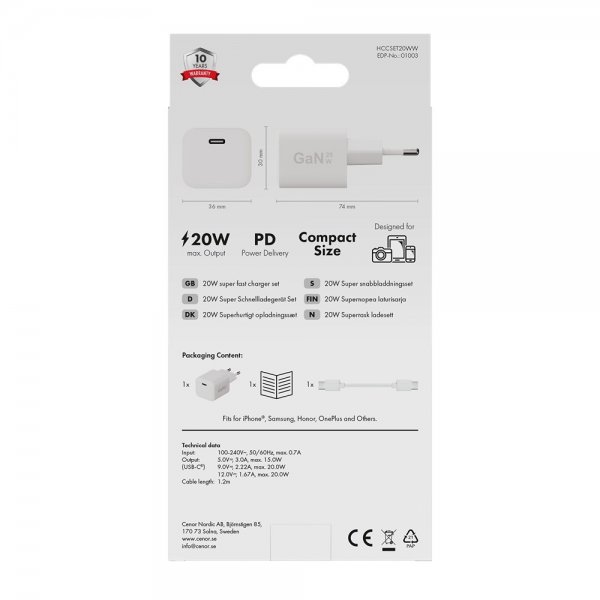 Laturi Kaapelin Kanssa 1.2m 20W USB-C GaN Valkoinen