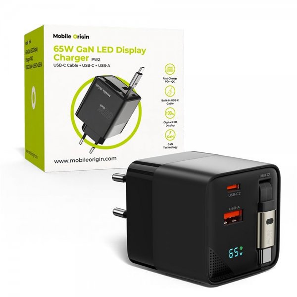 Laturi Display GaN 65W Sisäänrakennettu Usb-C-Kaapeli