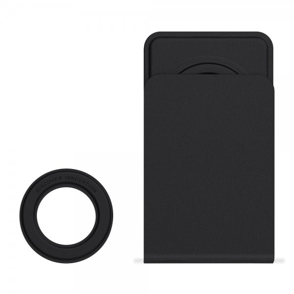 Puhelintarpidike MagSafe Plain Leather + Magnetic Ring Musta