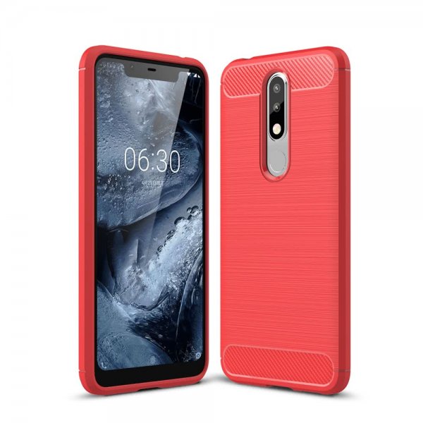 Nokia 5.1 Plus Suojakuori TPU-materiaali-materiaali Harjattu Hiilikuiturakenne Punainen