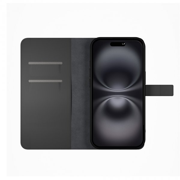 iPhone 16 Kotelo Wallet Stand Musta