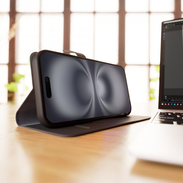 iPhone 16 Kotelo Wallet Stand Musta