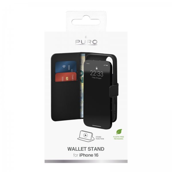 iPhone 16 Kotelo Wallet Stand Musta