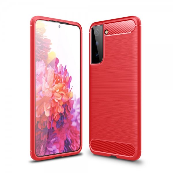 Samsung Galaxy S21 Suojakuori Harjattu Hiilikuiturakenne Punainen