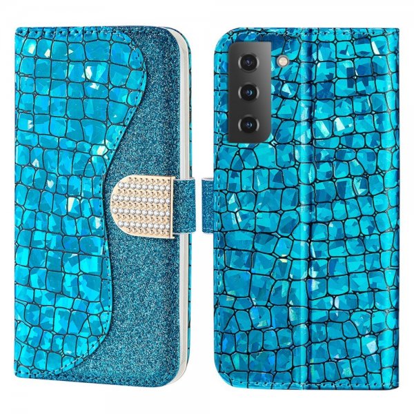 Samsung Galaxy S22 Kotelo Krokotiilikuvio Glitter Sininen
