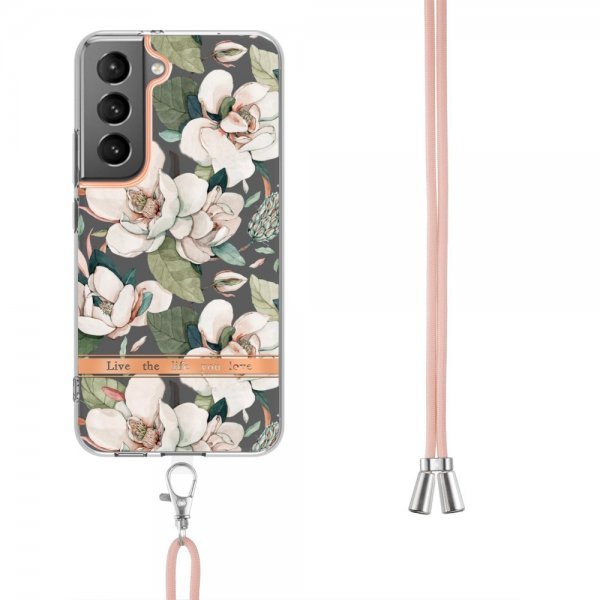 Samsung Galaxy S22 Plus Kuori Kukkakuvio Hihnalla Vihreä Gardenia