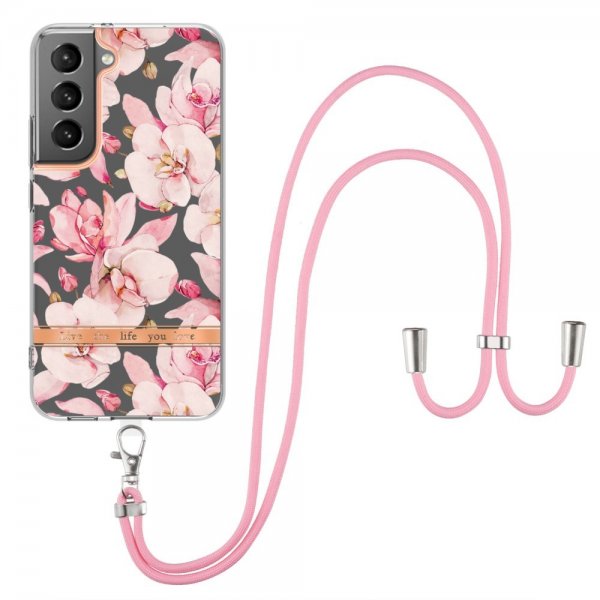 Samsung Galaxy S22 Kuori Kukkakuvio Hihnalla Vaaleanpunainen Gardenia