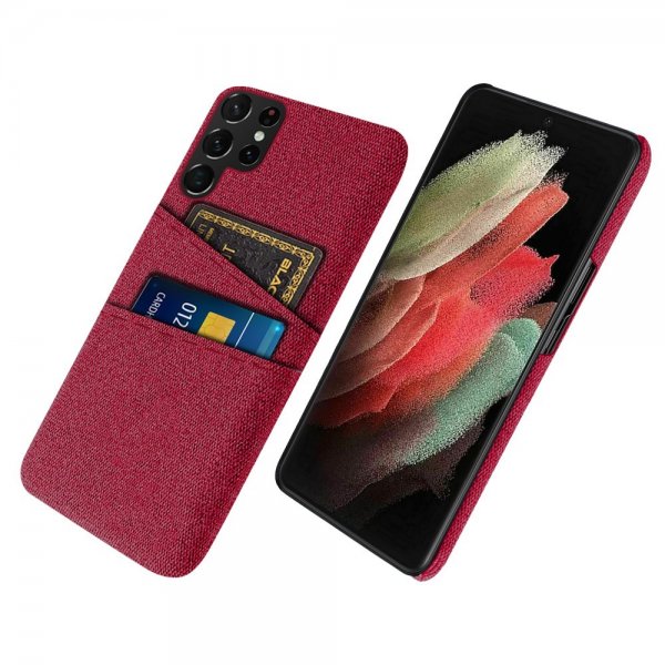 Samsung Galaxy S22 Ultra Skal Två Kortfack Tyg Röd