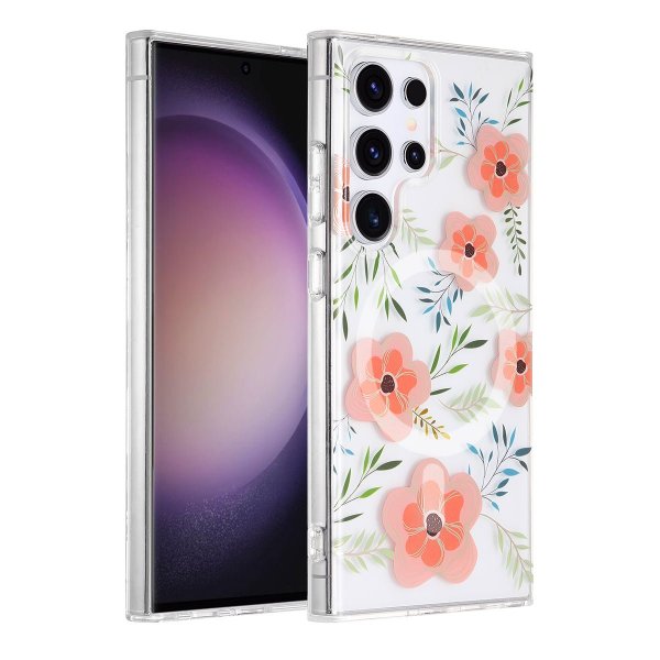 Samsung Galaxy S23 Ultra Kuori Kukkakuvio MagSafe Vaaleanpunainen