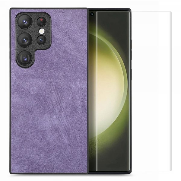 Samsung Galaxy S23 Ultra Kuori Näytönsuojalla Nahkarakenne Violetti
