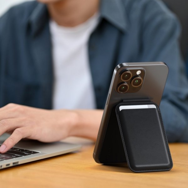 Korttipidike Vegan-Leather Magnetic Wallet Stand Musta