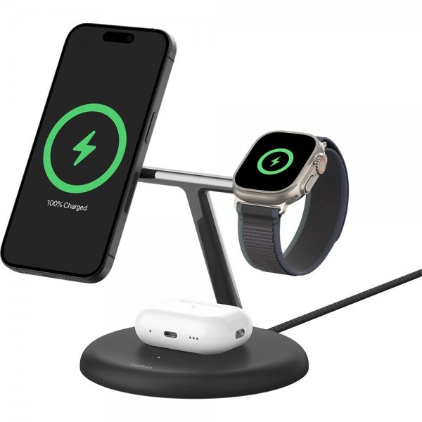 Langaton laturi BoostCharge Pro 3-in-1 MagSafe Qi2 15W Musta