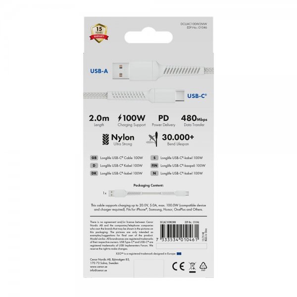 USB-A/USB-C Kaapeli Longlife 60W 2m Valkoinen