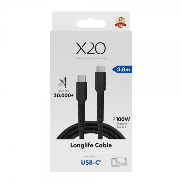 USB-C/USB-C Kaapeli Longlife 100W 3m Musta