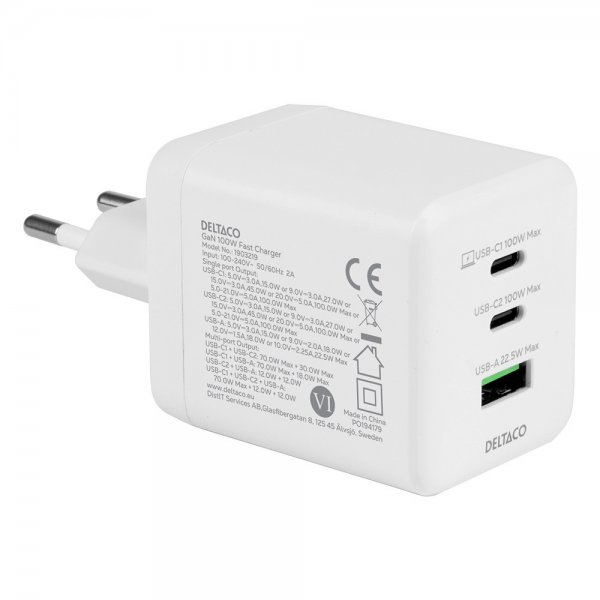 Seinä Laturi GaN 1x USB-A 2x USB-C PPS 100W
