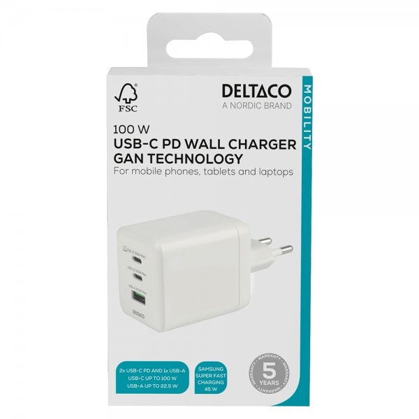 Seinä Laturi GaN 1x USB-A 2x USB-C PPS 100W